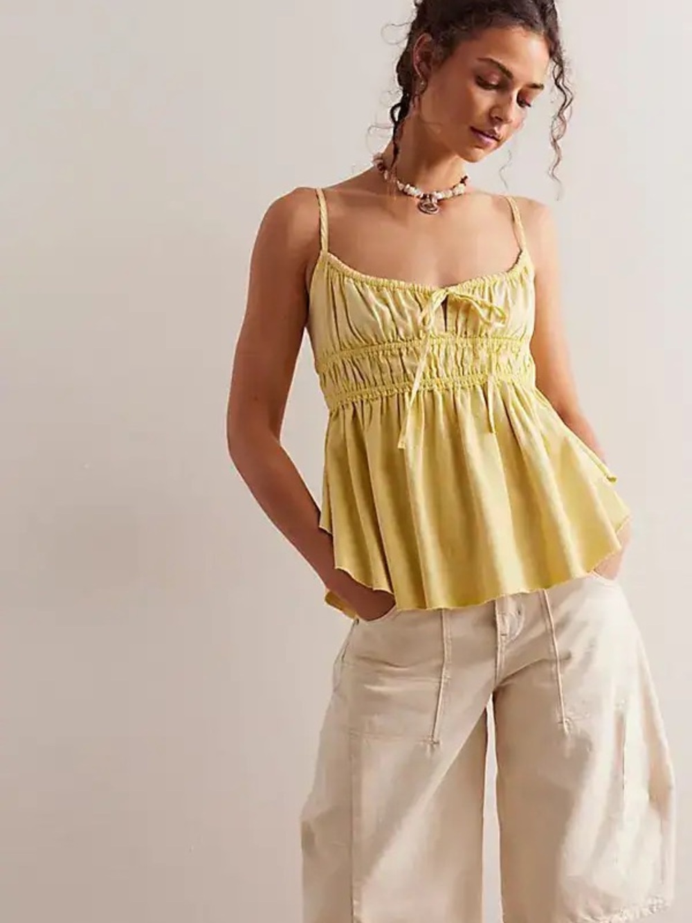 We The Free - Free people Light Yellow Smocked Tie-Front Peplum Cami